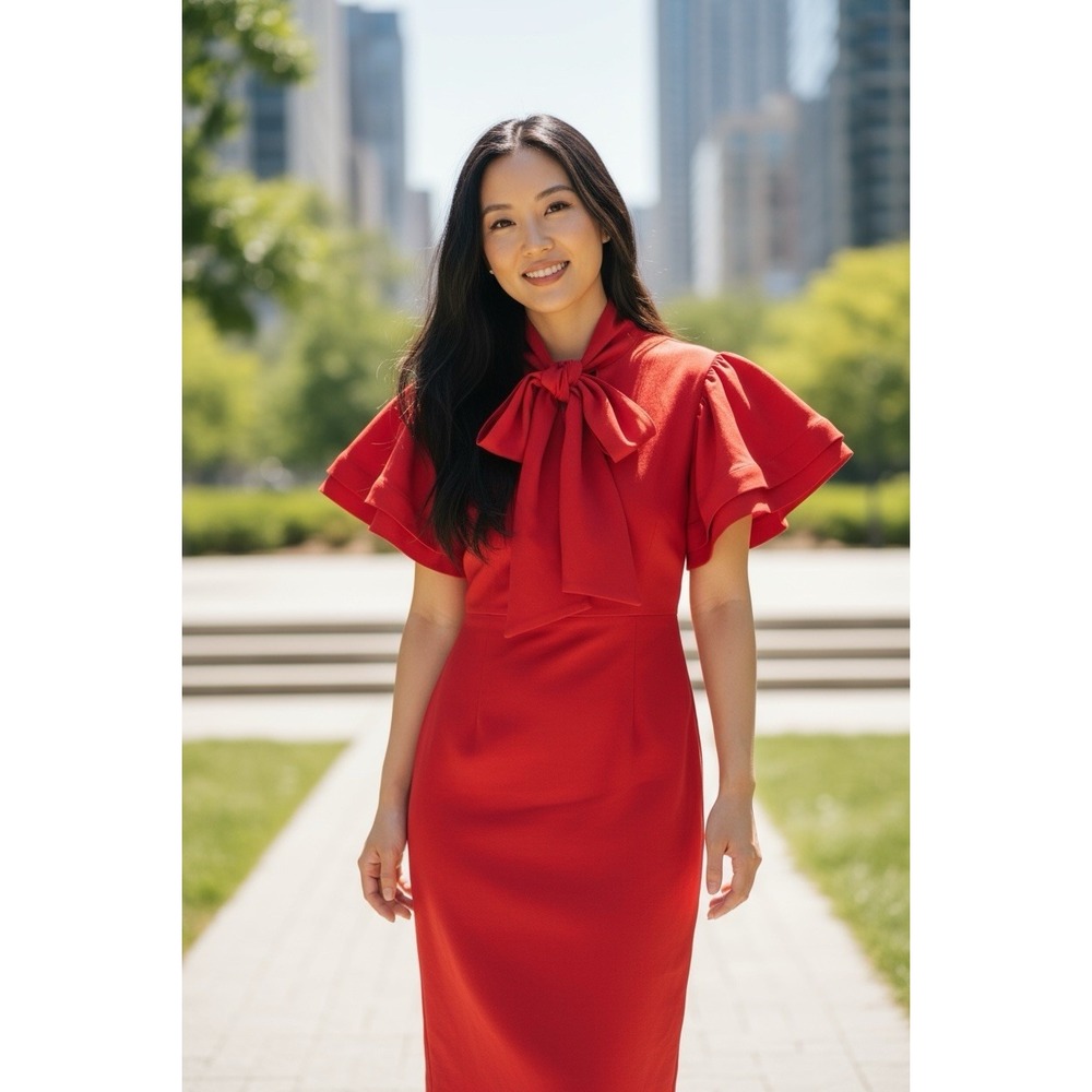 Eien Womens Red Dress Large Puff Ruffle Short Sleeve Tie Neck Stretch M Party